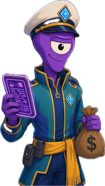The Captain of Galactic Trade: a purple one-eyed alien in a captain's hat, holding a price list and a bag of credits