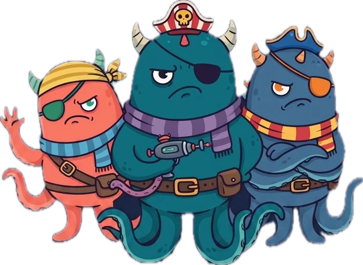 The pirate crew: three grumpy space pirates with eyepatches, scarves and a ray gun