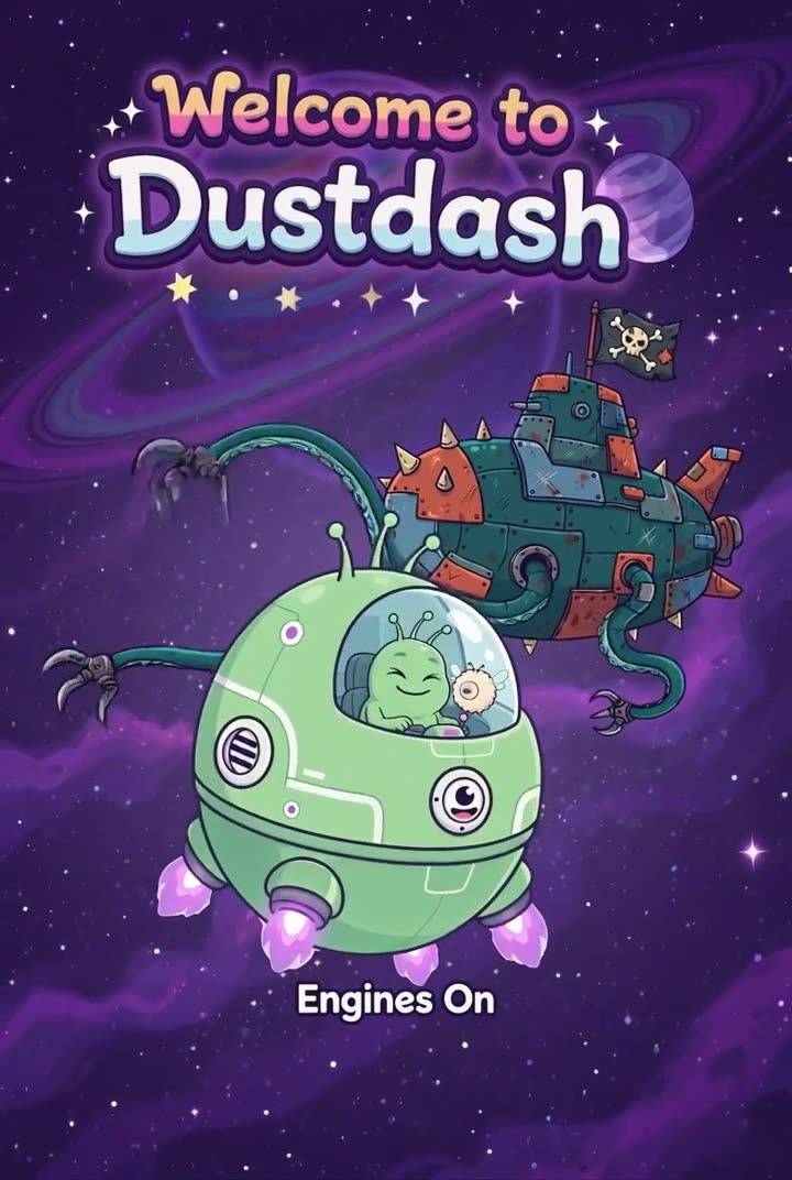 The DustDash title screen: Moss and Welchy in their round green ship, chased by a spiky pirate ship